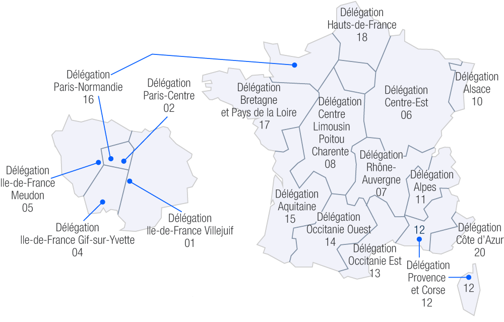 Carte des délégations de France Métropolitaine